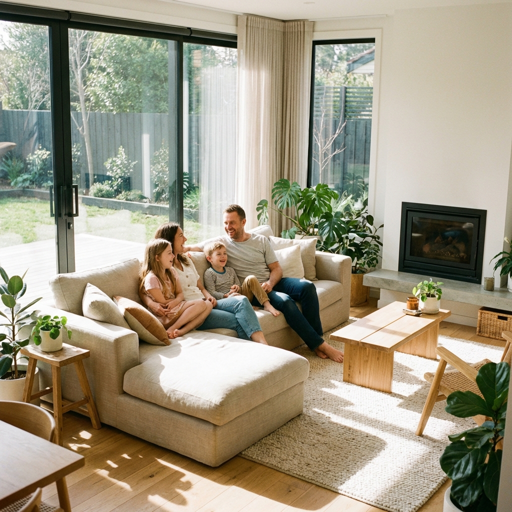 Family relaxing in their new home